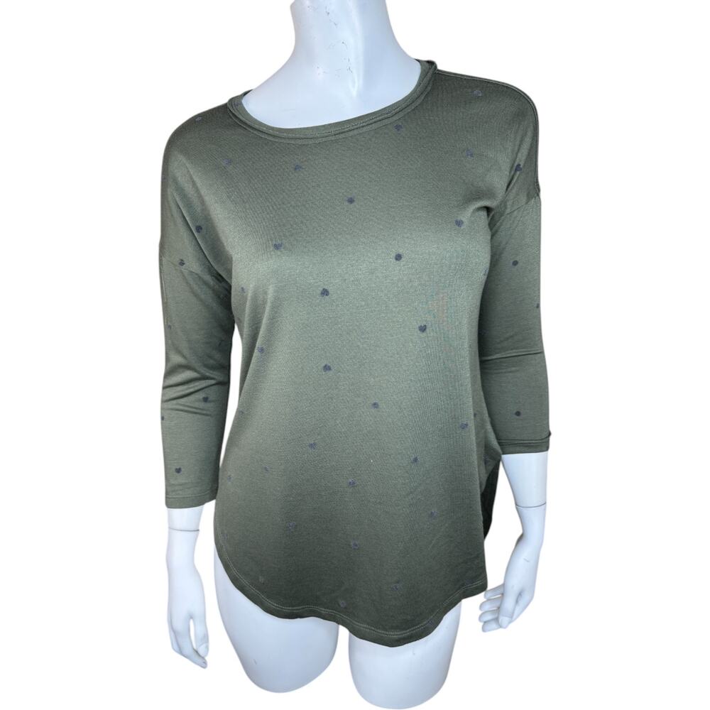 BoBeau Women's 3/4 Sleeve Top XS Heather Olive Green Polka Dot Soft Stretchy